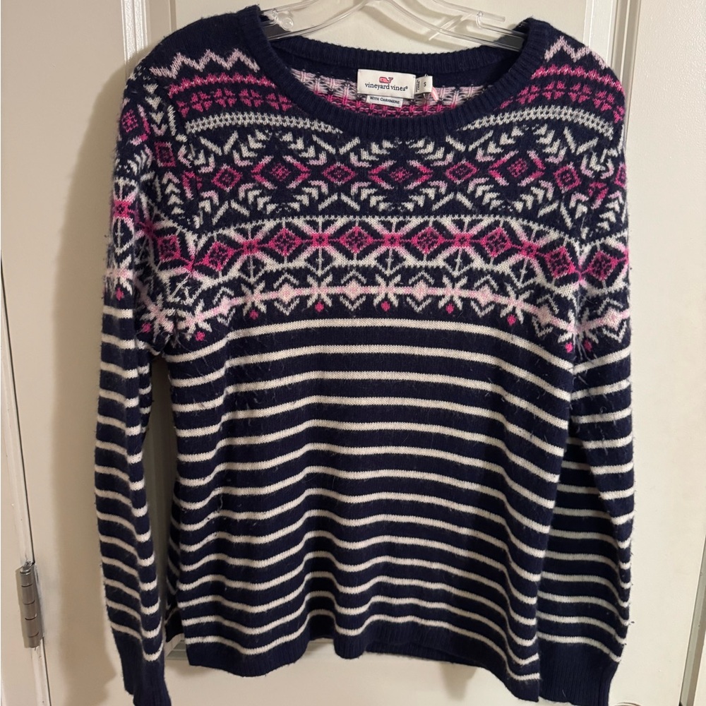 Vineyard Vines Navy and Pink Fair Isle Sweater
